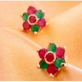 Ruby Emerald Flower Stud Earrings